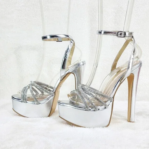 NIB City Nites Silver Platform 6" High Heels Ankle Wrap Shoes Sparkling Rhinest - Picture 6 of 10